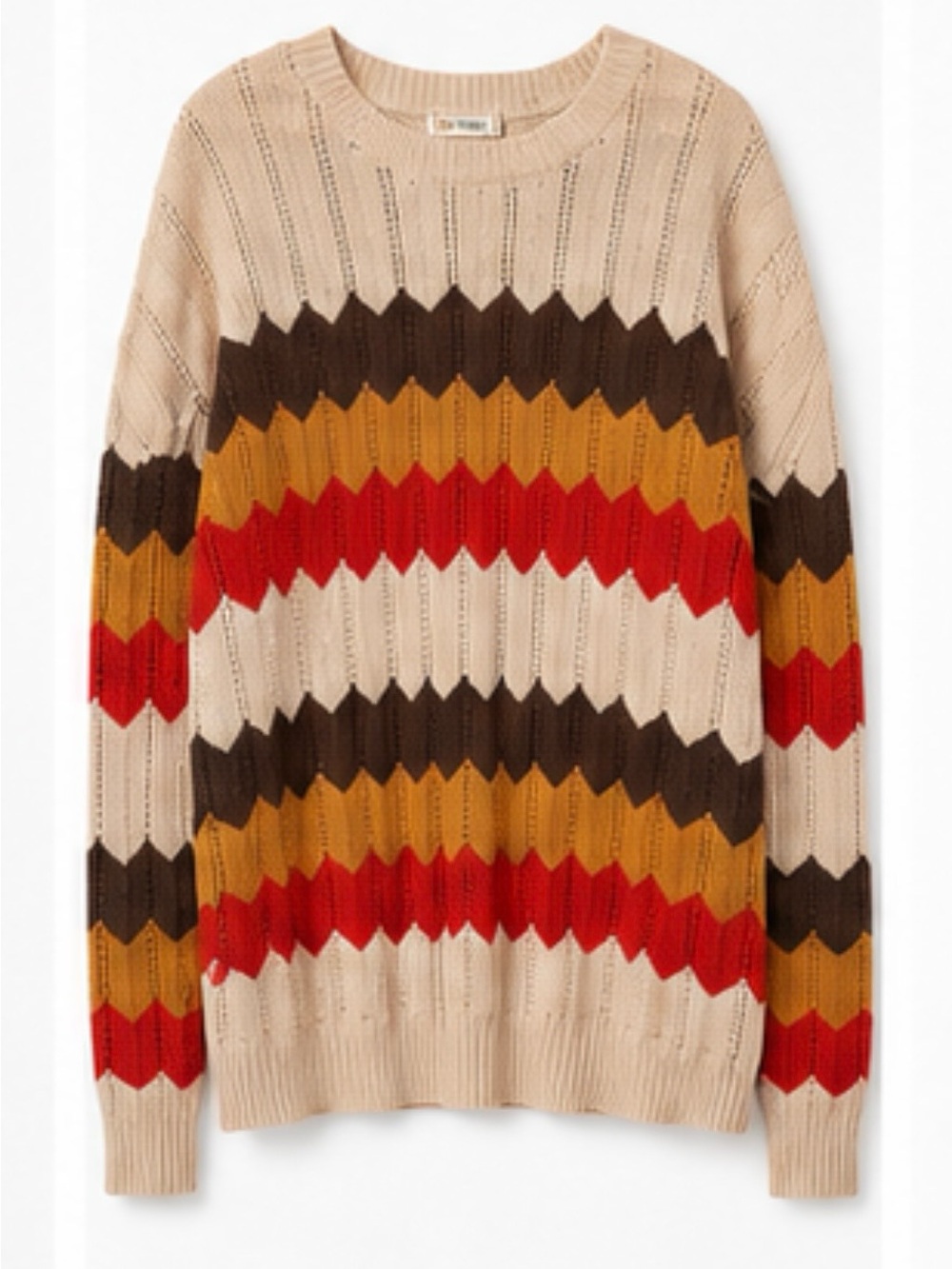 Ces Femme Beige Sweater with Red, Brown & Mustard Stripes